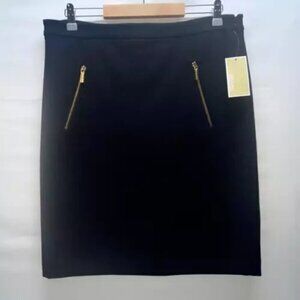 Michael Kors Pencil Skirt Women's 12 Black Gold MK Zipper Pockets $89 NWT